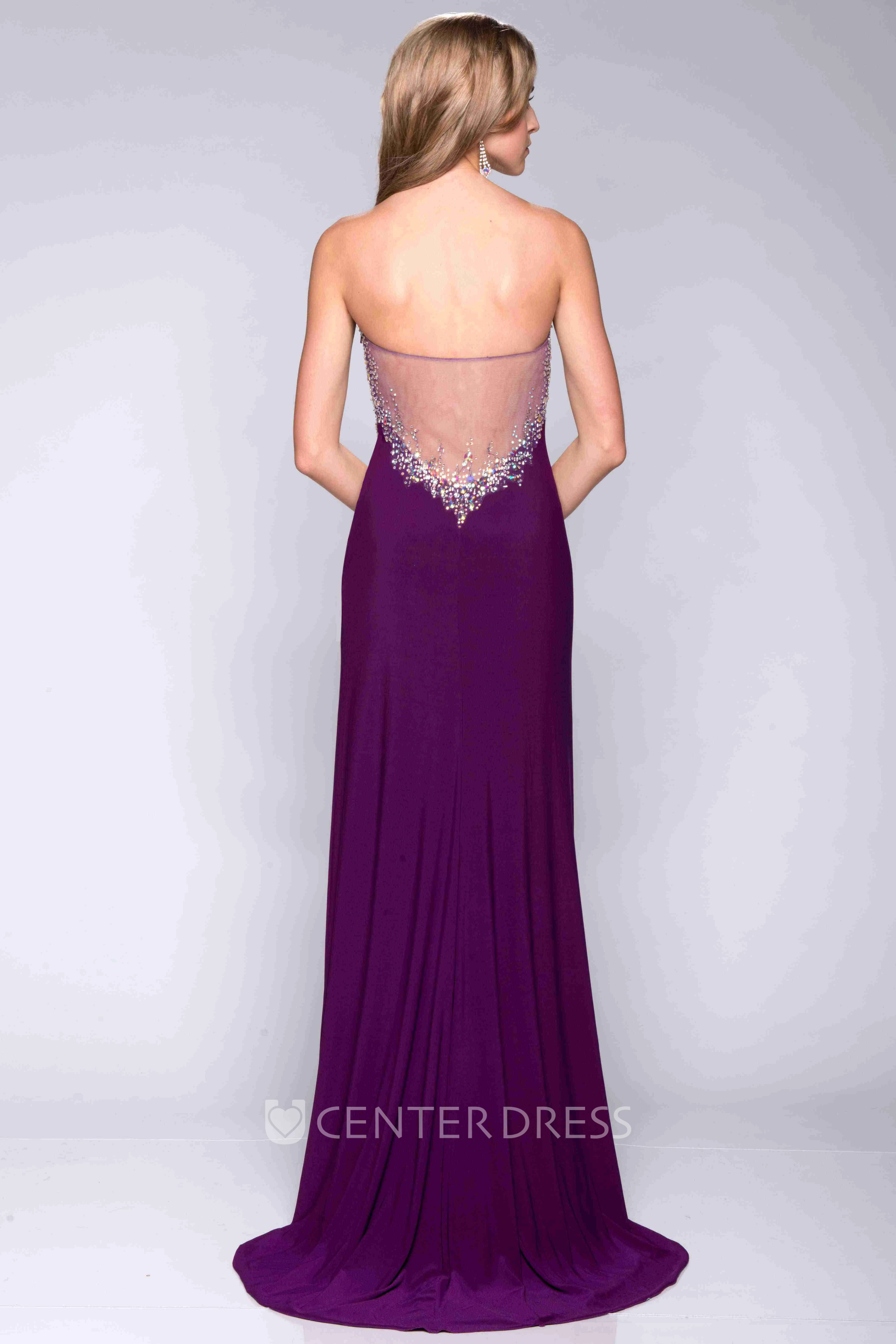 Side Split Form-Fitted Jersey Prom Dress With Illusion Back And Sequin Detailing