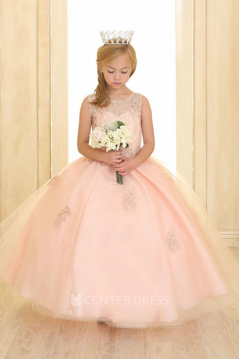 Beaded Tiered Tulle&Lace Flower Girl Dress With Illusion