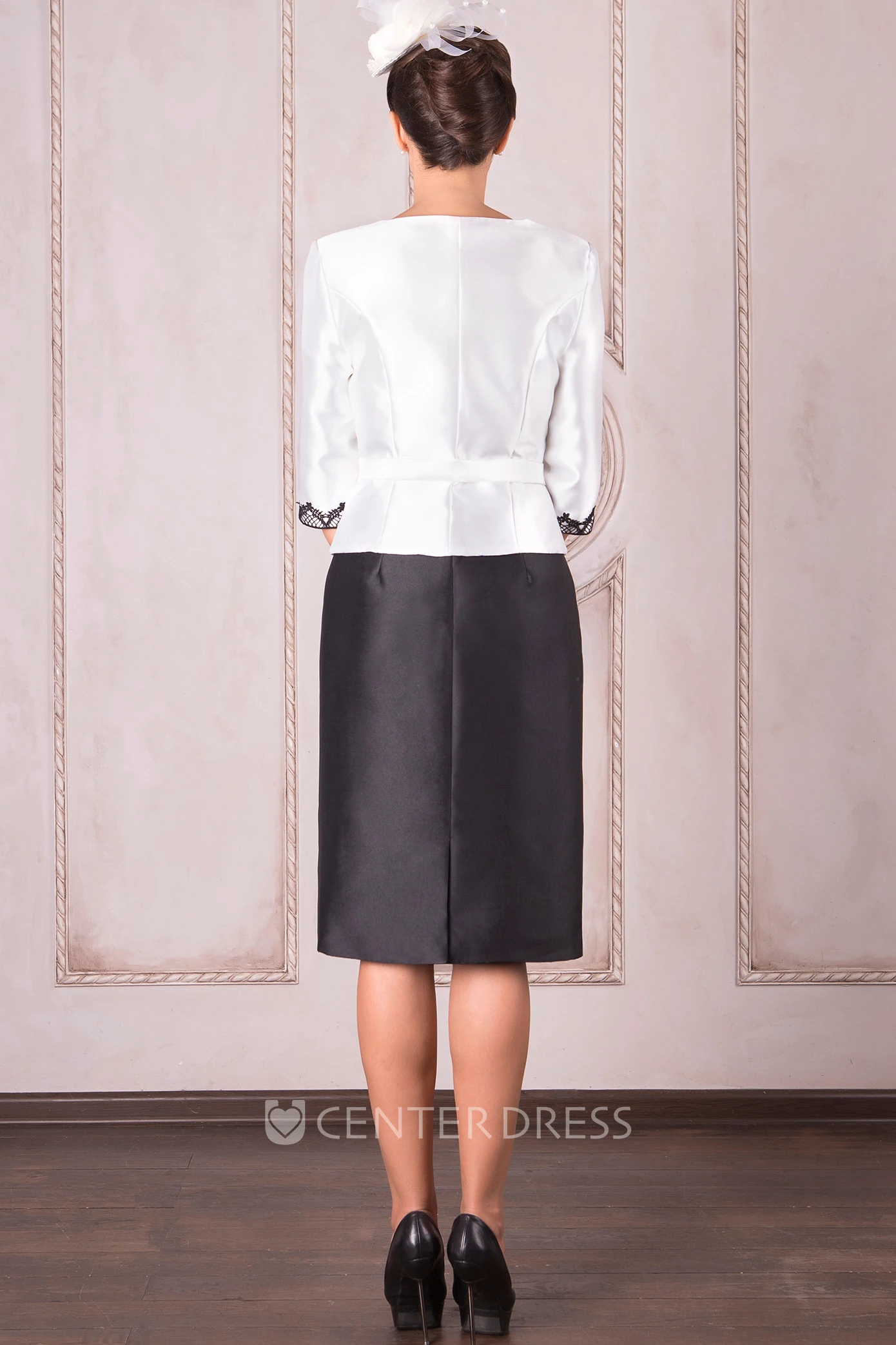 Pencil Knee-Length Appliqued Bateau Neck 3-4 Sleeve Satin Mother Of The Bride Dress
