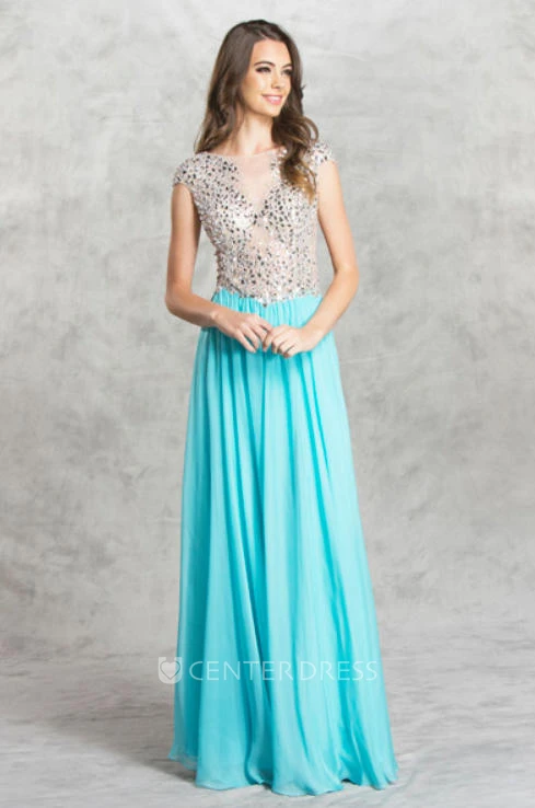Sheath Maxi Jewel-Neck Cap-Sleeve Chiffon Illusion Dress With Split Front And Beading