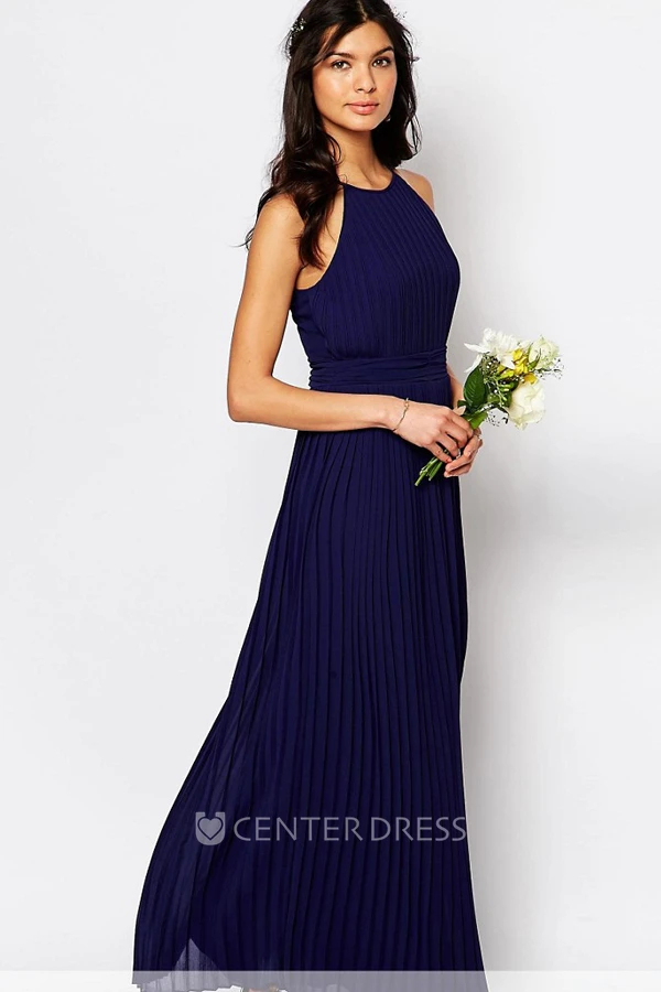 Ankle-Length Sheath High Neck Sleeveless Pleated Chiffon Bridesmaid Dress