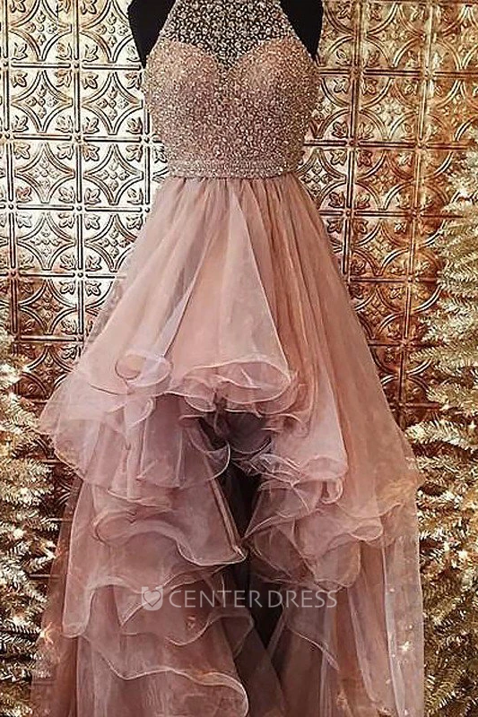 Sleeveless Asymmetrical High-Low A-Line Halter Organza Dress