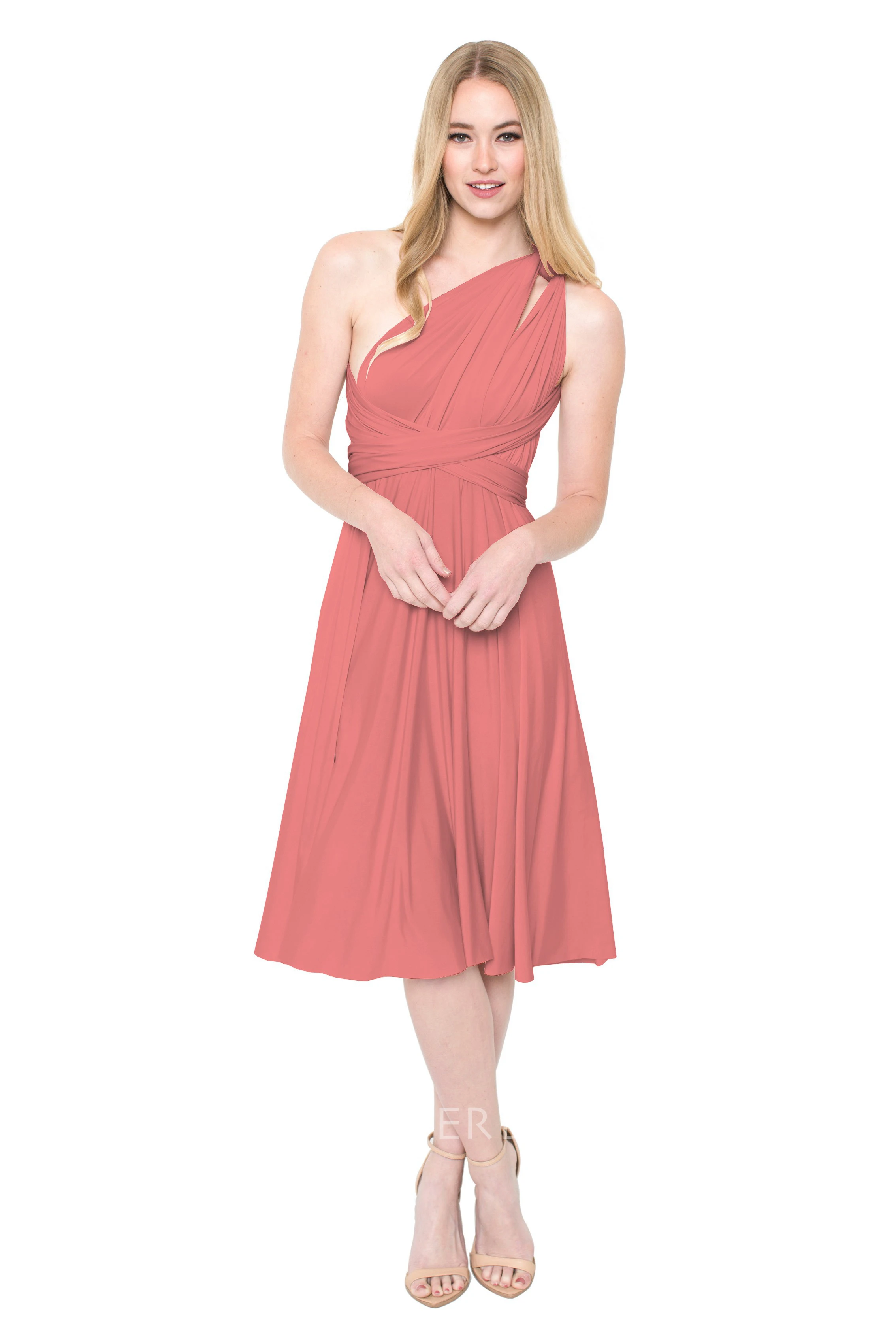 Tea-Length Sleeveless One-Shoulder Ruched Chiffon Muti-Color Convertible Bridesmaid Dress