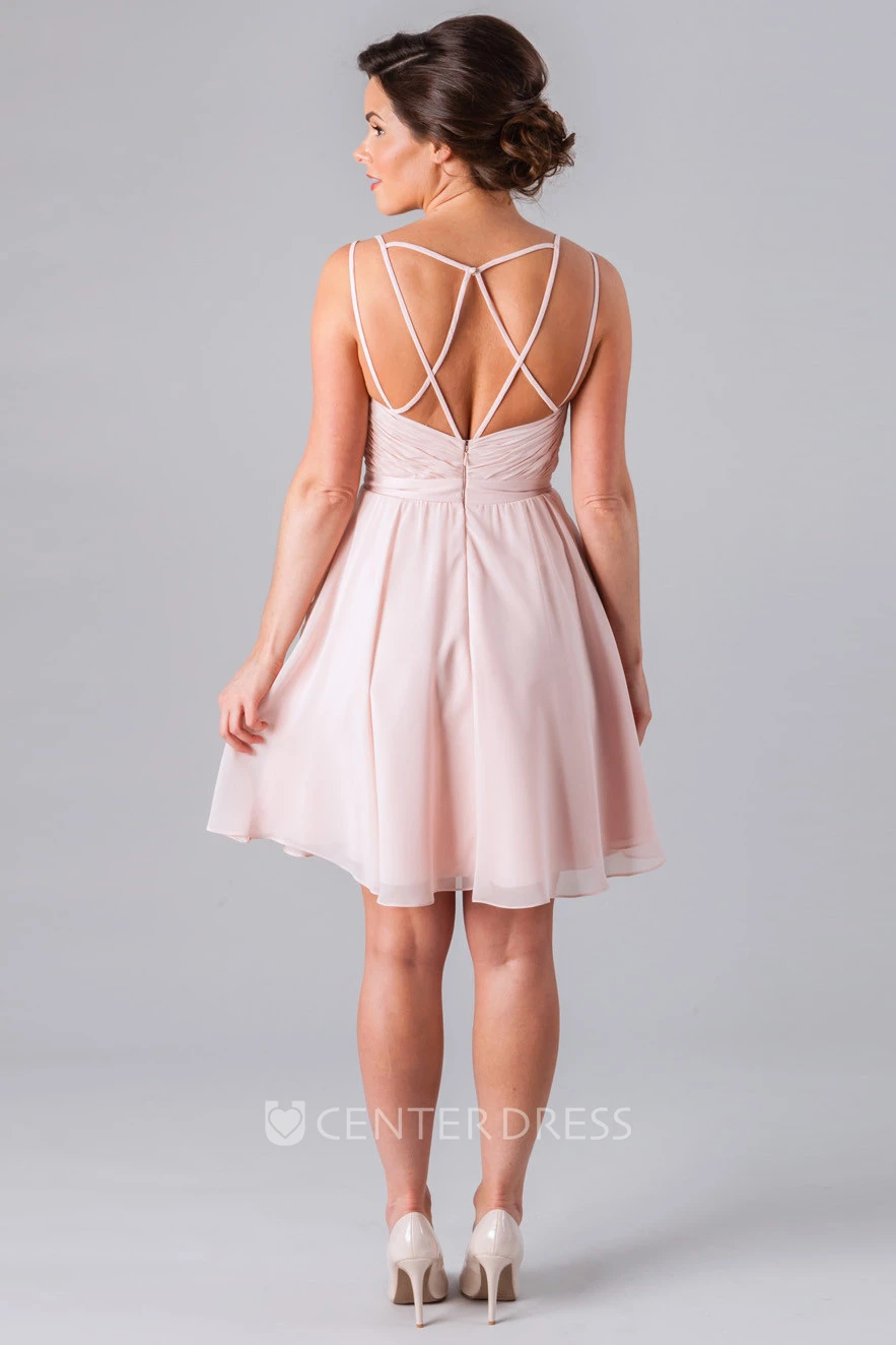 Short Criss-Cross Spaghetti Sleeveless Chiffon Bridesmaid Dress With Straps