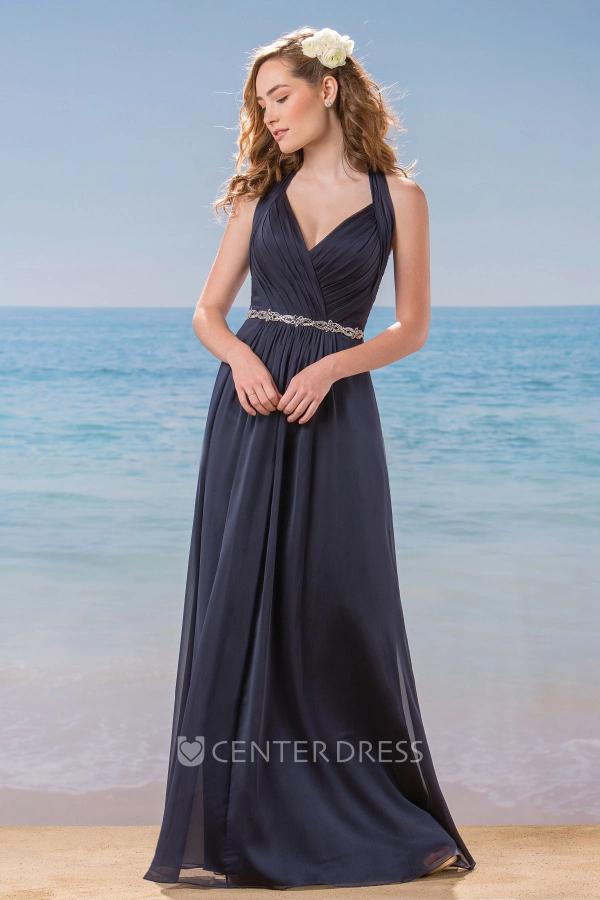 Halter Long Bridesmaid Dress With Pleats And Keyhole Back