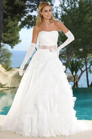 A-Line Ruffled Strapless Organza Wedding Dress With Side Draping And Flower