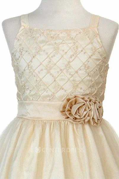 Tea-Length Sleeveless Embroideried Tulle&Taffeta Flower Girl Dress