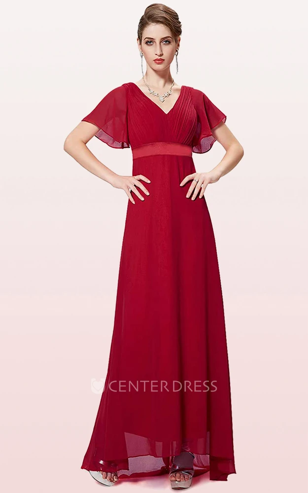 Romantic A Line Chiffon V-neck Short Sleeve Prom Evening Dress With Ruffles