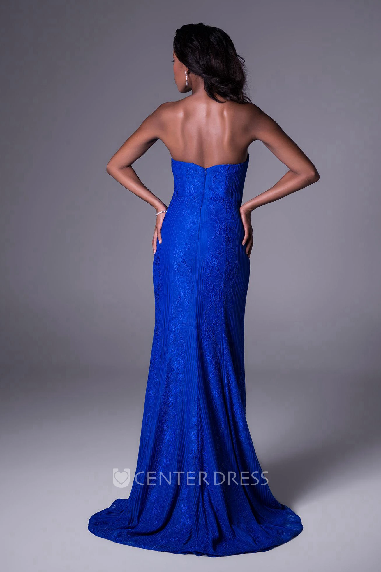 Floor-Length Pleated Strapless Lace Bridesmaid Dress With Brush Train