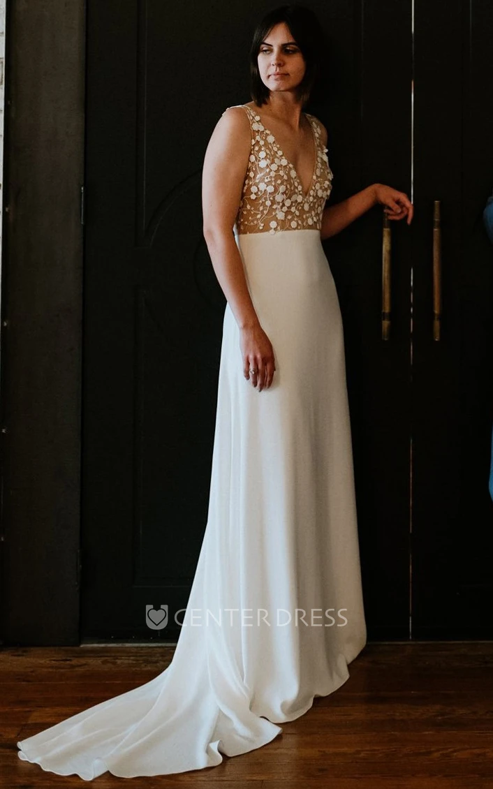 V-neck A-Line Lace Bohemian Wedding Dress With Low-V Back And Appliques
