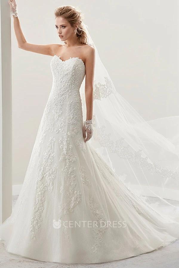 Strapless A-Line Lace Bridal Gown With Embroidered Lace And Half Back