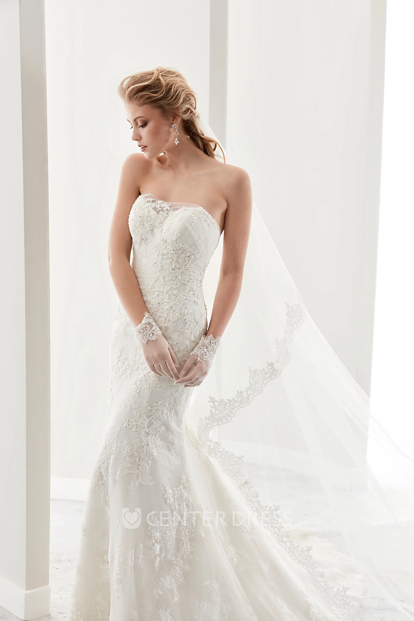 Strapless Lace Sheath Gown With Brush Train And Half Back