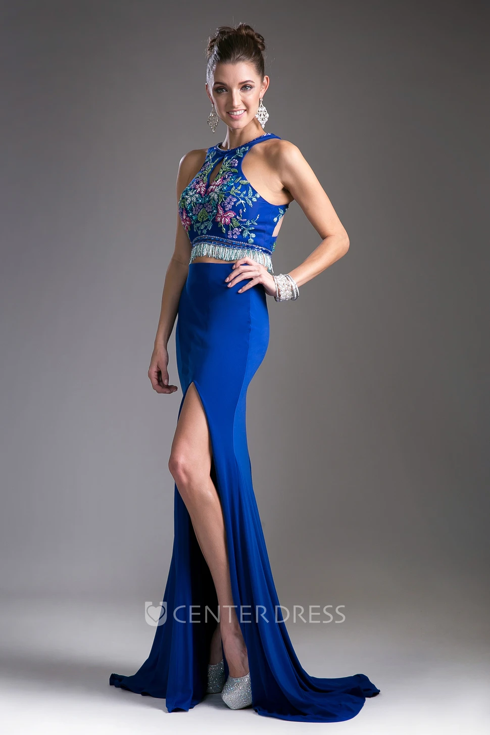 Two-Piece Sheath Jewel-Neck Sleeveless Jersey Zipper Dress With Appliques
