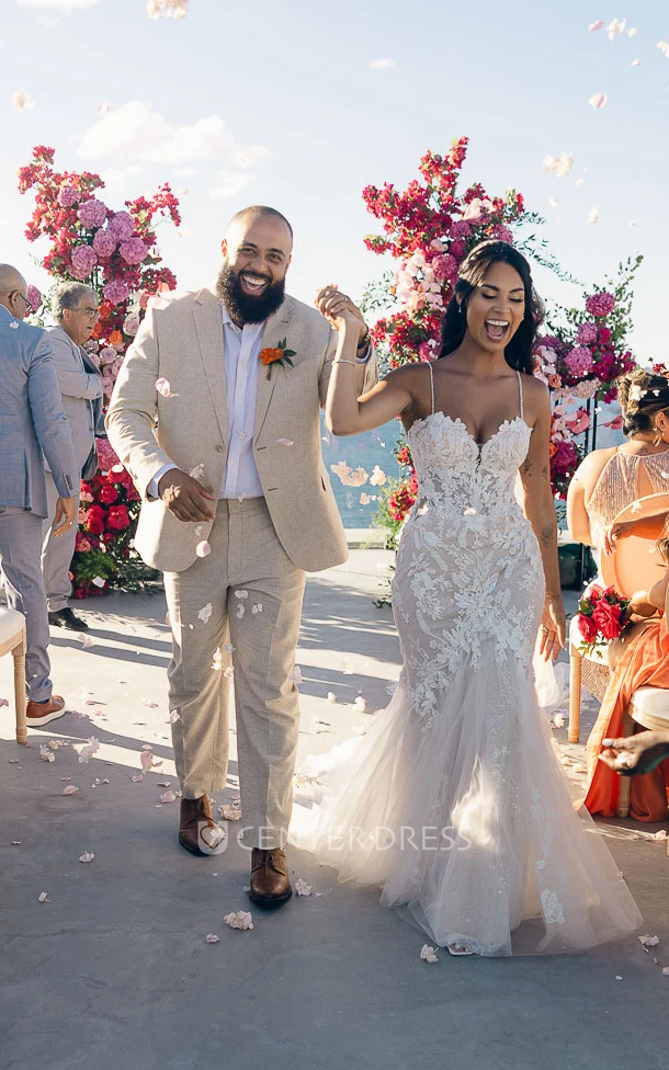 Elopement Beach Mermaid Boho Lace Spring Wedding Dress Floral Spaghetti Straps Floor Length Garden Bridal Gown