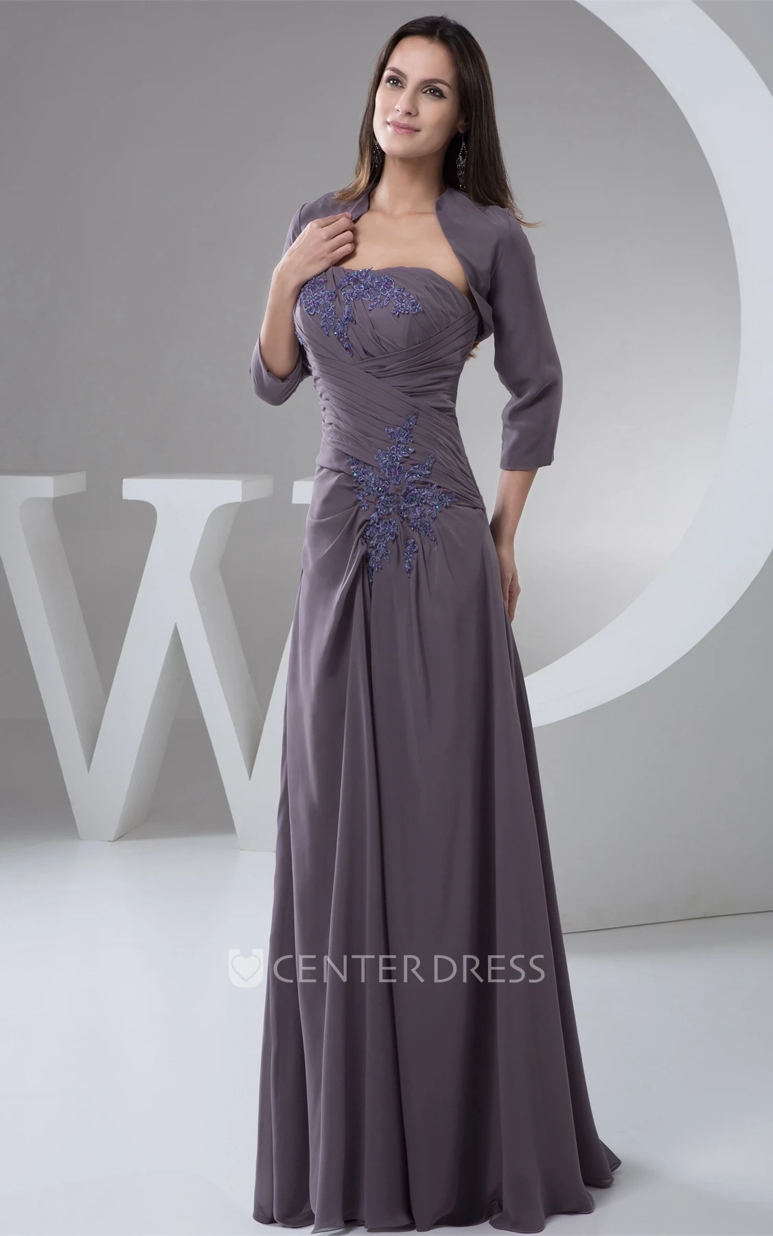 Strapless Chiffon Sheath Dress with Appliques and Bolero
