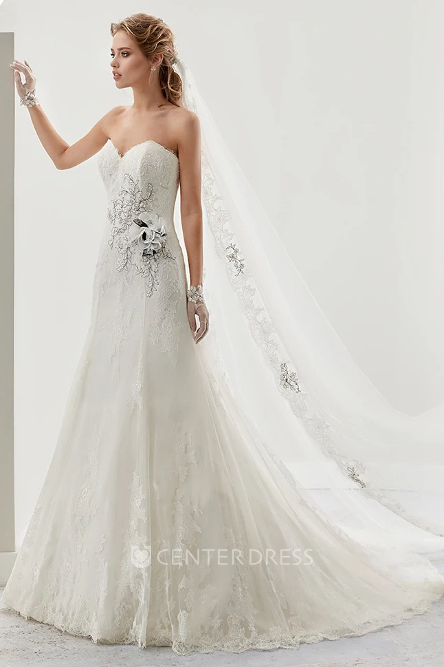 Sweetheart Beaded Flower Lace Bridal Gown with Brush Train and Lace-up back