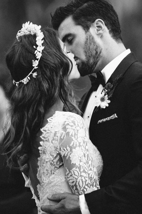 A Line V-neck Low-V Back Long Sleeve Lace Winter Wedding Dress