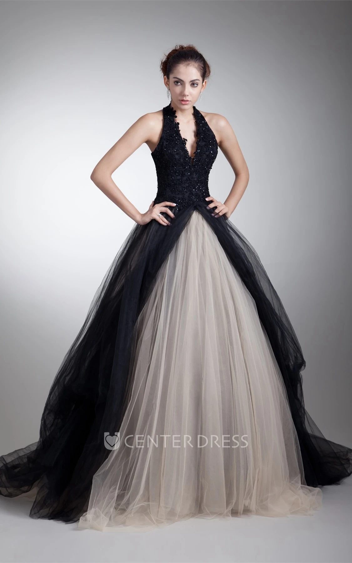 Plunged Halter Sleeveless Ball Gown Tulle Wedding Dress with Appliques
