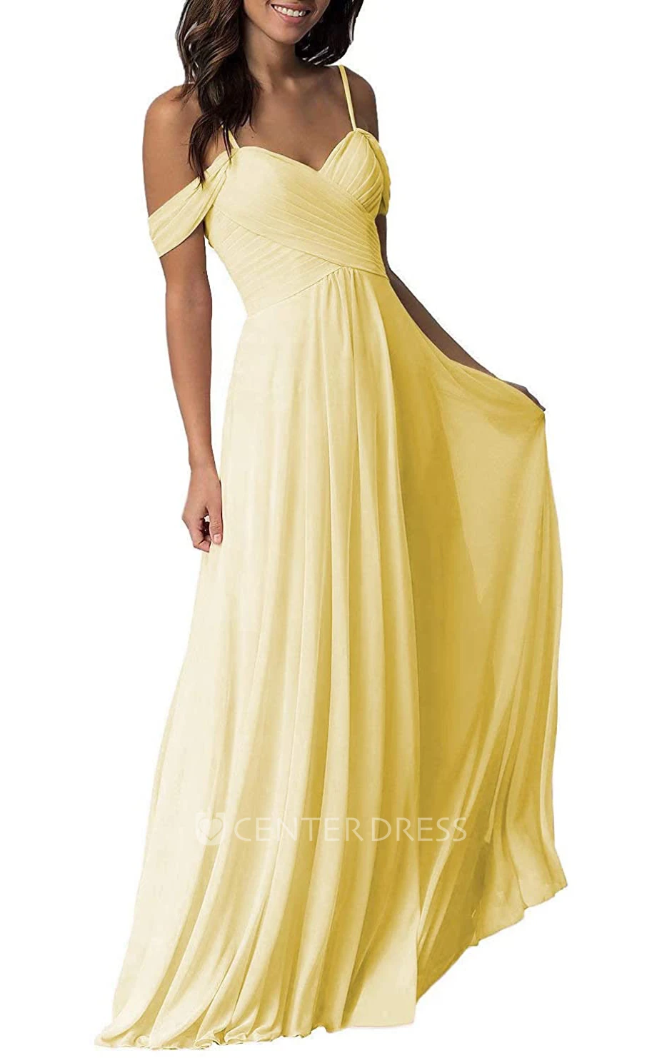 Chiffon Floor-length Off-the-shoulder A Line Sleeveless Bridesmaid Dress With Ruching