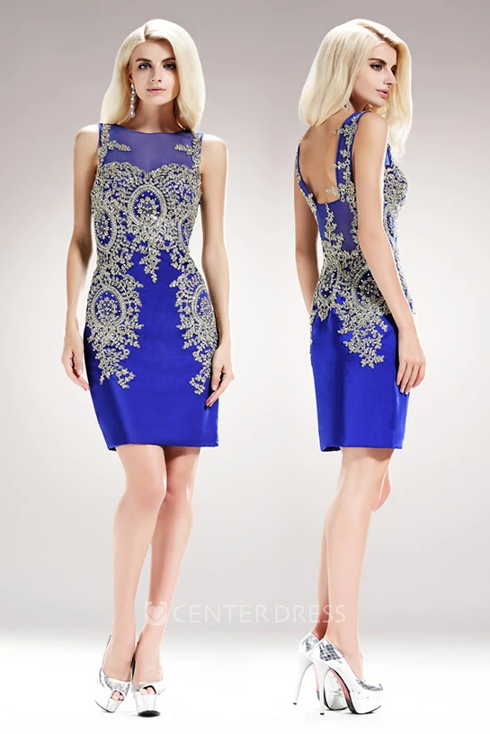 Sheath Short Bateau Sleeveless Jersey Low-V Back Dress With Beading