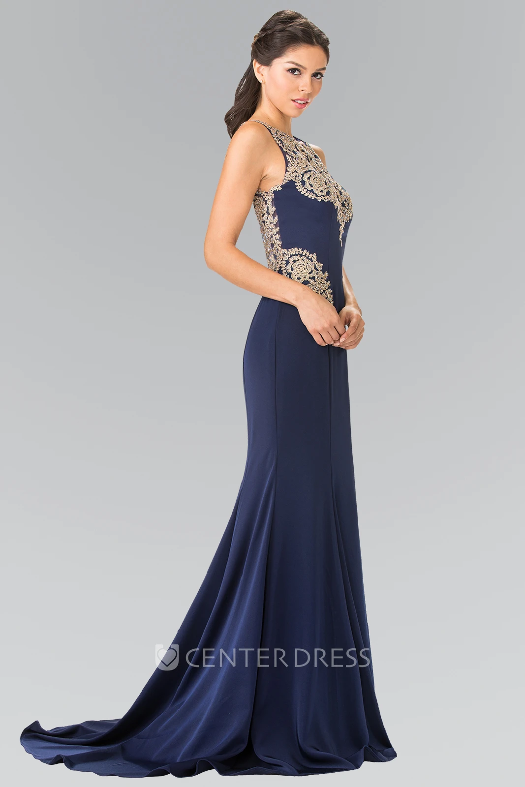Sheath Maxi Scoop-Neck Sleeveless Jersey Brush Train Dress With Beading