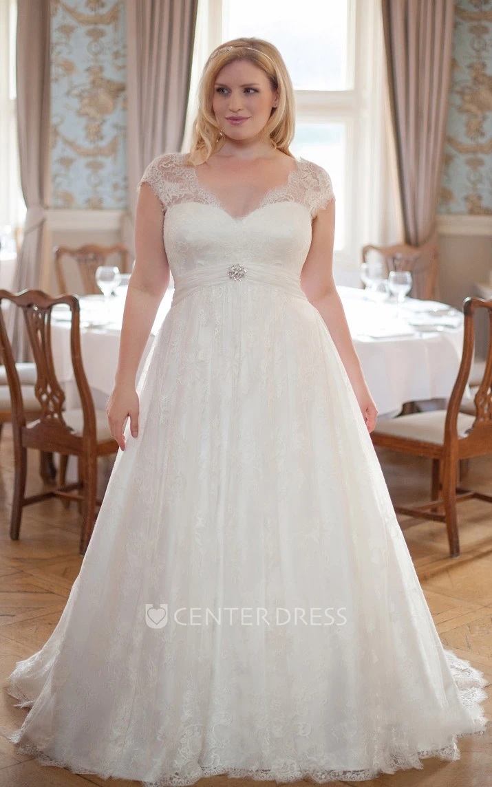 A-Line Long V-Neck Cap Empire Lace Brush Train Broach Dress