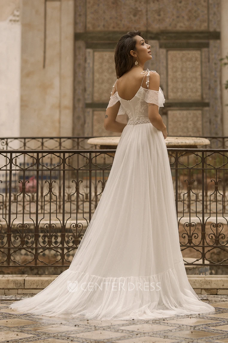 Tulle Spaghetti Straps Off-the-shoulder Adorable Wedding Dress With Lace Details