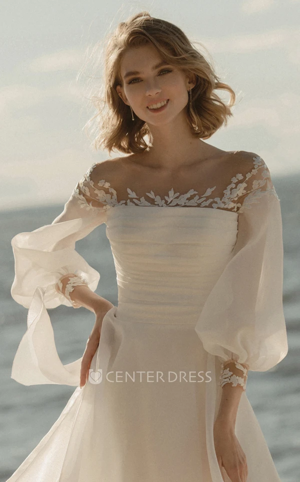 Adorable A-Line Organza Wedding Dress With  3/4 Length Poet Sleeves And Low-V Back
