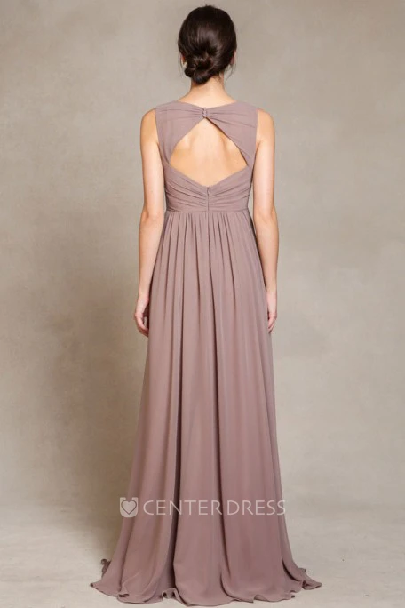 Scoop Long Ruched Chiffon Bridesmaid Dress With Sweep Train And Keyhole