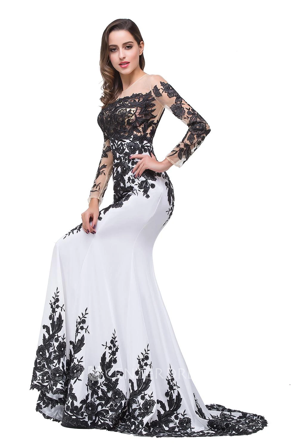 Glamorous Long Sleeve Mermaid Evening Dress Black Appliques Mother Dress