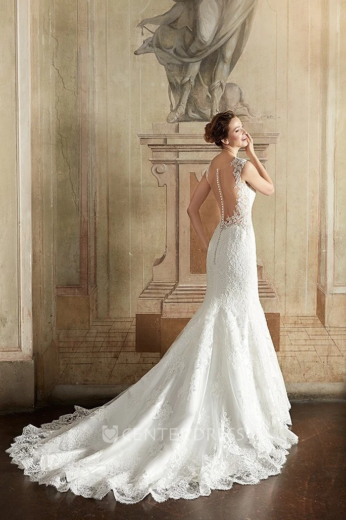 Sheath Floor-Length Scoop-Neck Appliqued Sleeveless Lace Wedding Dress