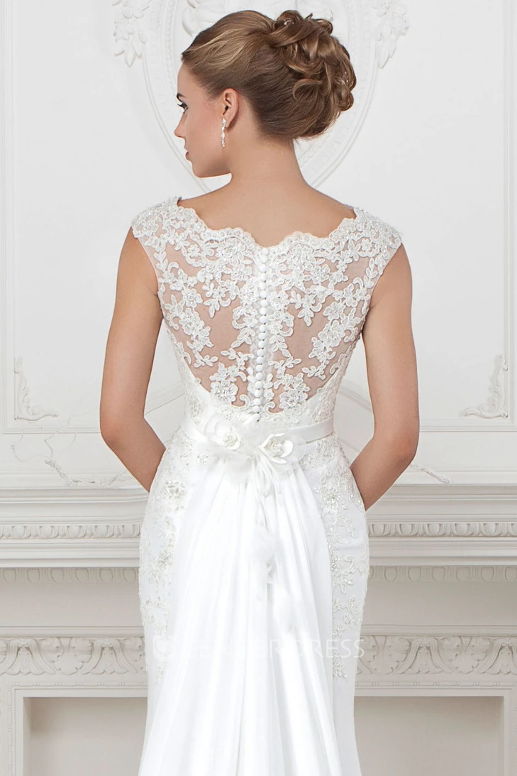 Sheath Cap-Sleeve Bateau-Neck Appliqued Long Satin Spring Wedding Dress