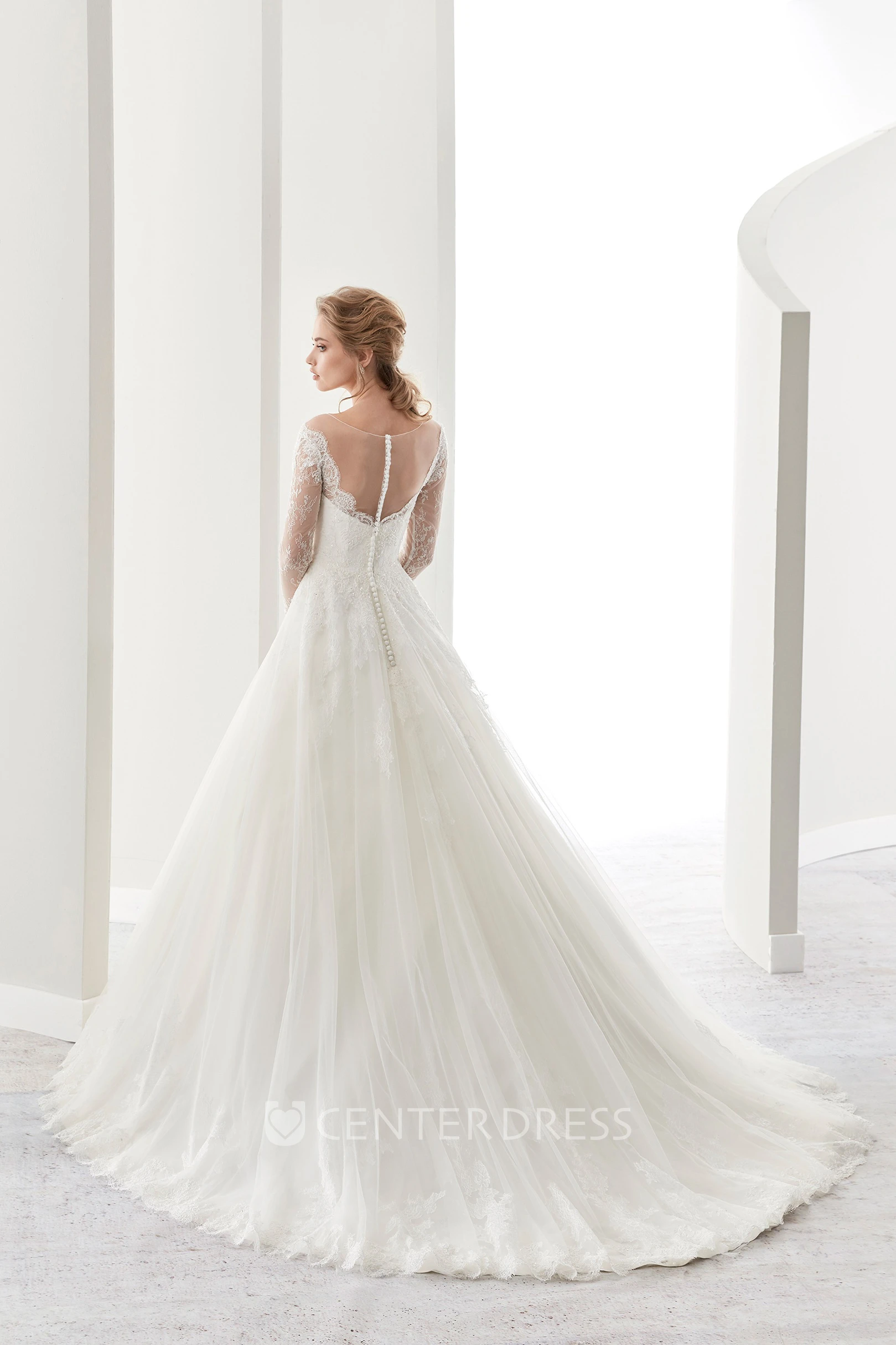 Long-Sleeve A-Line Bridal Gown With Brush Train And Illusive Design