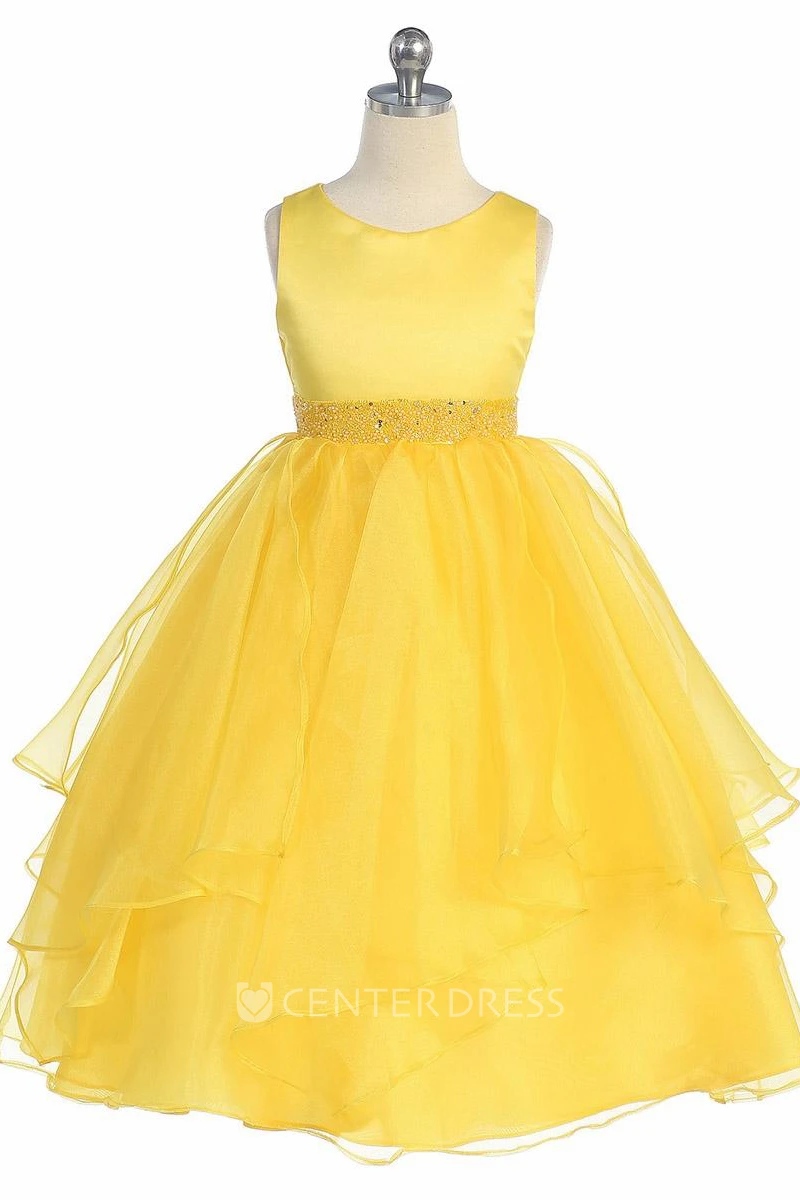 Tea-Length Beaded Tiered Sequins&Organza Flower Girl Dress With Sash