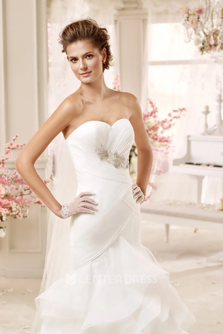 Sweetheart Sheath Pleated Wedding Dress with Cascading Ruffles and Lace-up Back