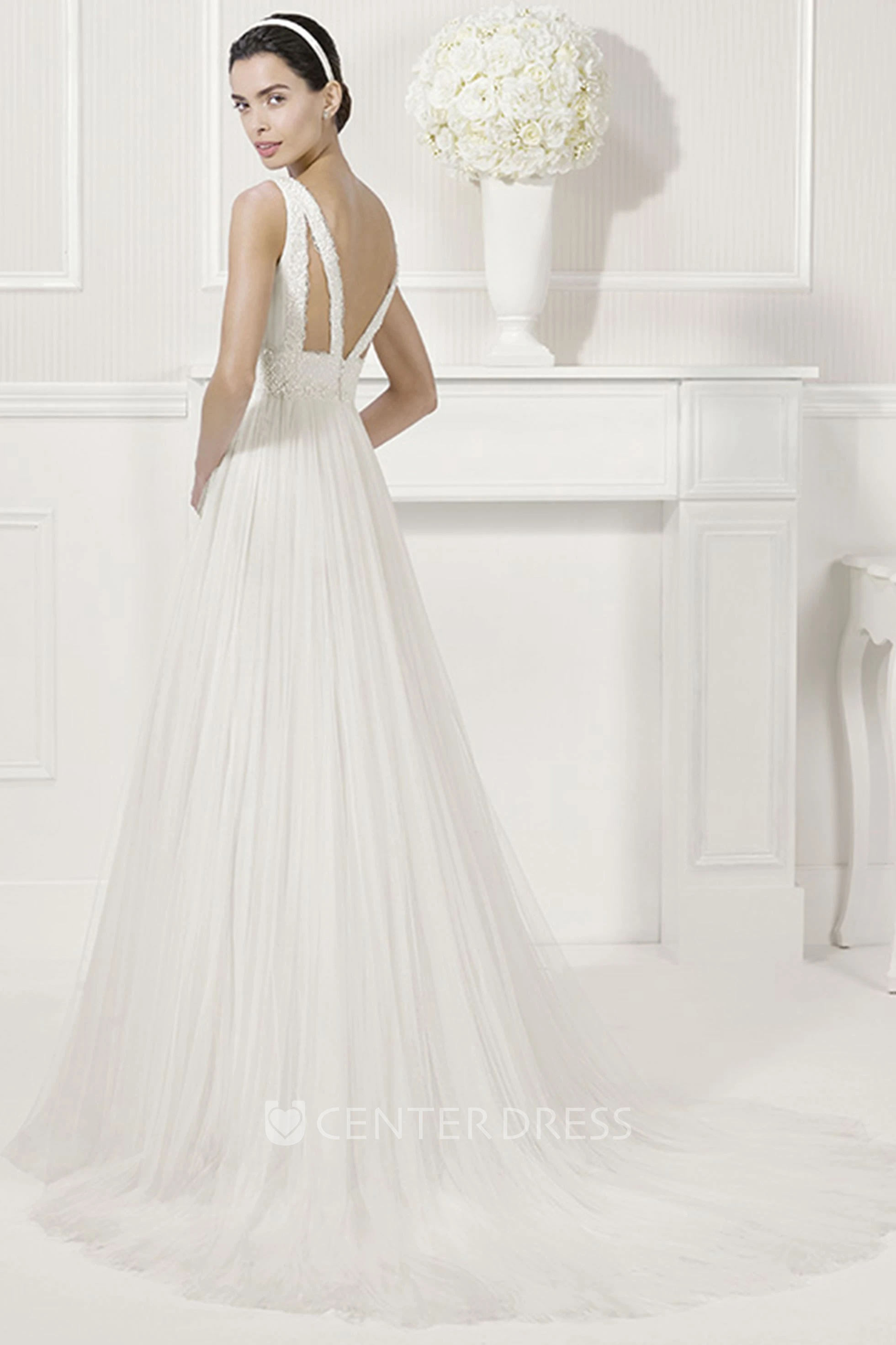 V Neck V Back Emprie Pleated A-Line Tulle Bridal Gown With Jewels