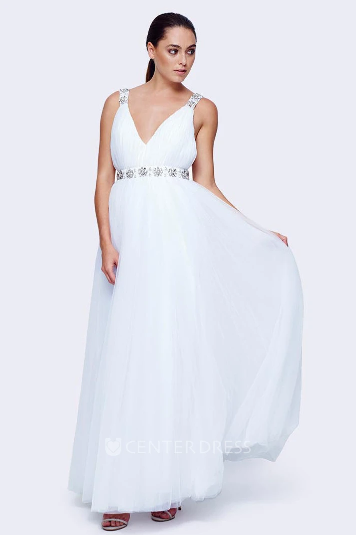 A-Line Ankle-Length V-Neck Sleeveless Tulle Wedding Dress With Waist Jewellery And Backless Design