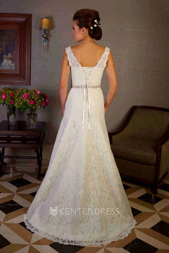 A-Line Sleeveless V-Neck Floor-Length Jeweled Lace Wedding Dress
