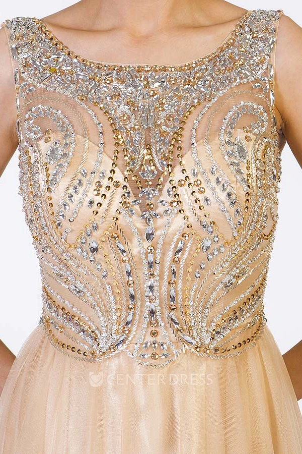 A-Line Scoop-Neck Sleeveless Floor-Length Beaded Tulle Prom Dress