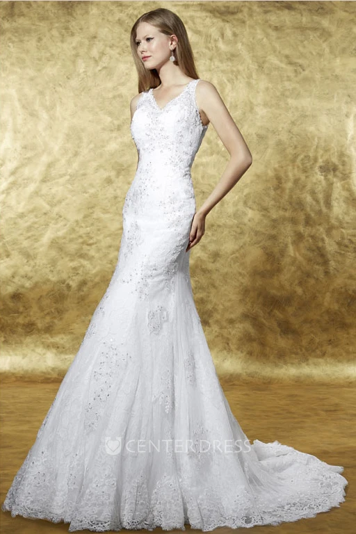 Mermaid Appliqued V-Neck Floor-Length Sleeveless Lace Wedding Dress With Keyhole Back And Beading
