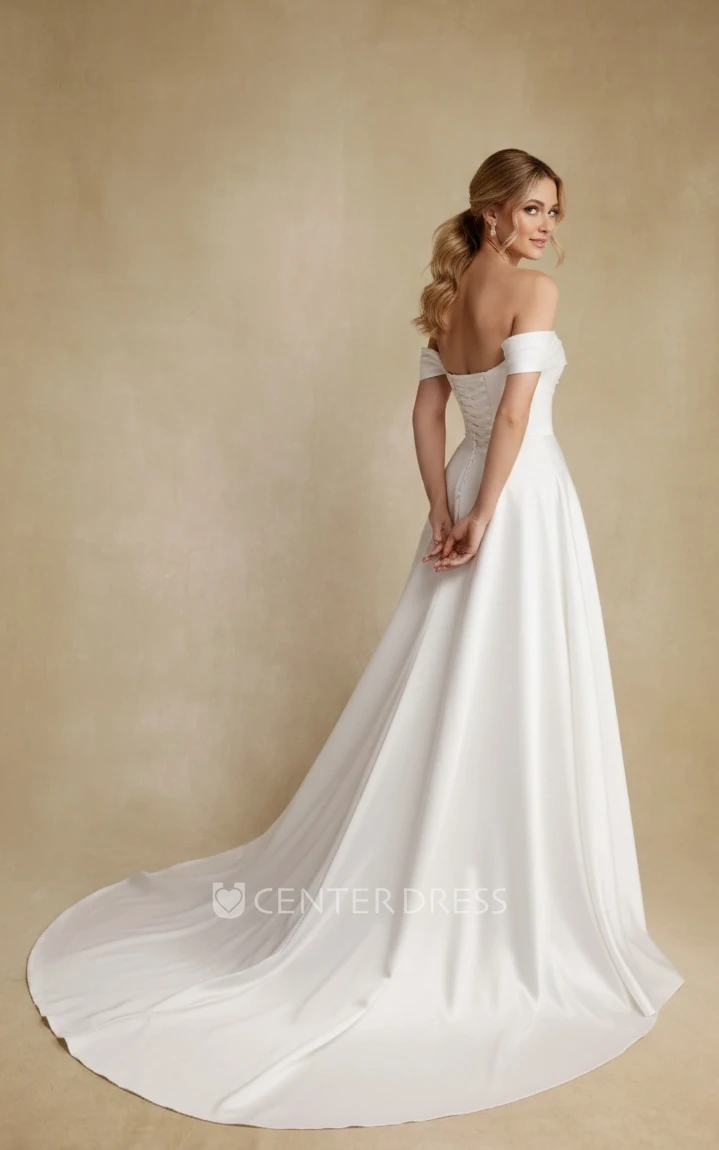 Classic Simple A-Line Off the Shoulder Spring Wedding Dress Modest Asymmetrical Drapery Long Train Bridal Gown