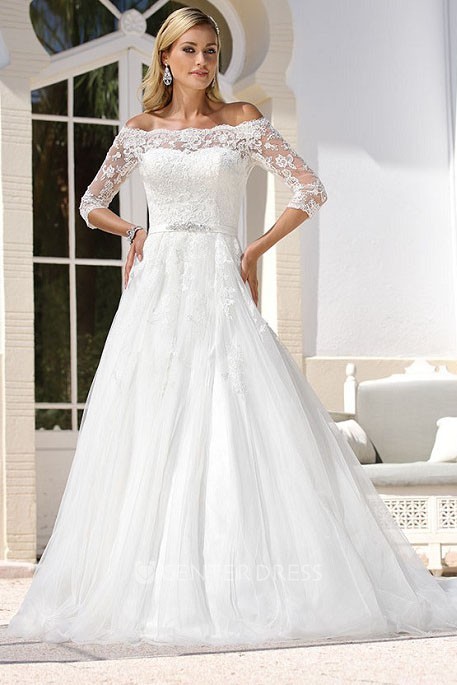 A-Line Maxi Off-The-Shoulder 3-4-Sleeve Tulle Wedding Dress A-Line Maxi Off-The-Shoulder 3-4-Sleeve Tulle Wedding Dress