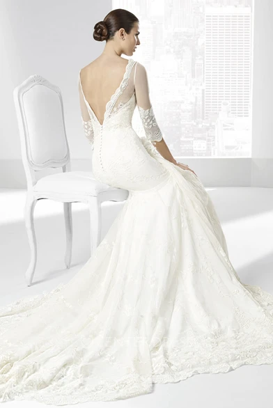 Trumpet V-Neck Long Half-Sleeve Lace Wedding Dress With Appliques And Deep-V Back