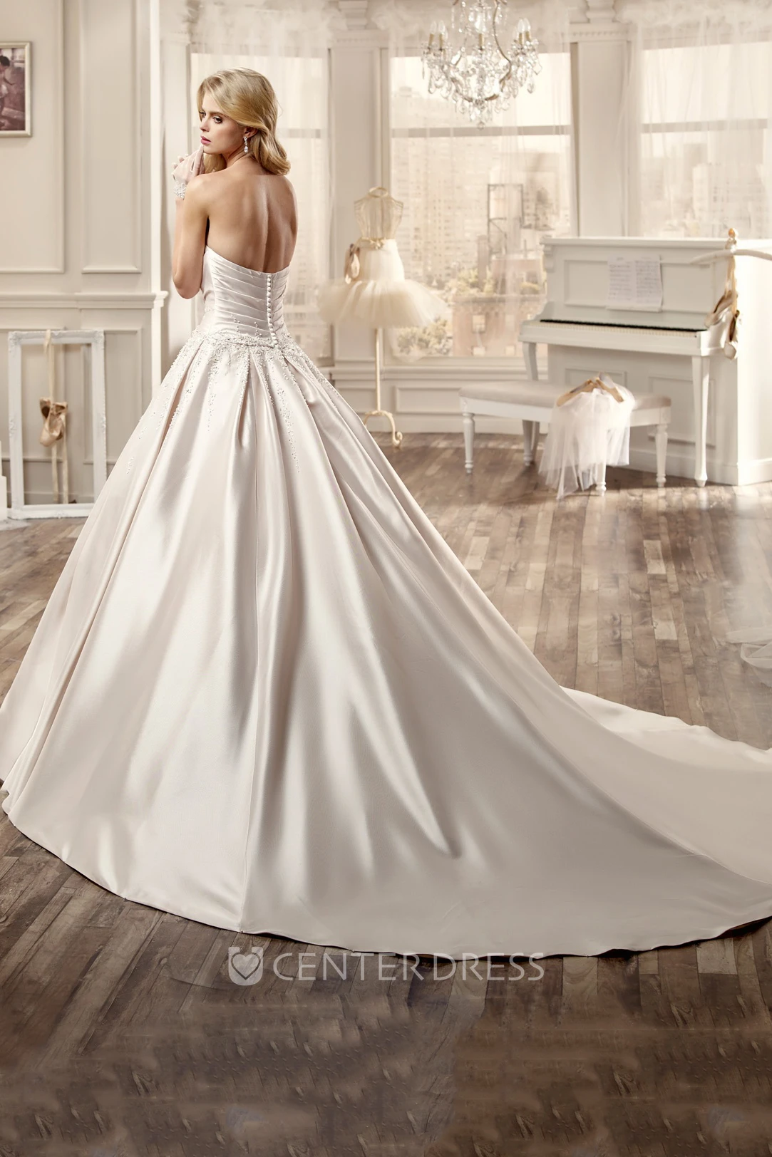 Strapless Satin Long Wedding Dress With Beading Embellishment And Chapel Train