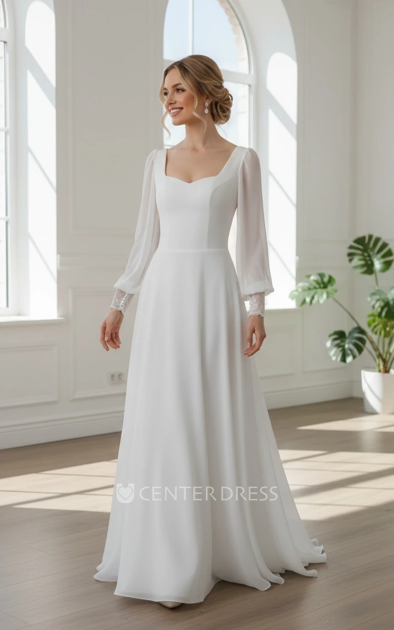 Casual Romantic Elegant A-Line Long Sleeve Satin Spring Wedding Dress with Floor Length and Button Zipper Back