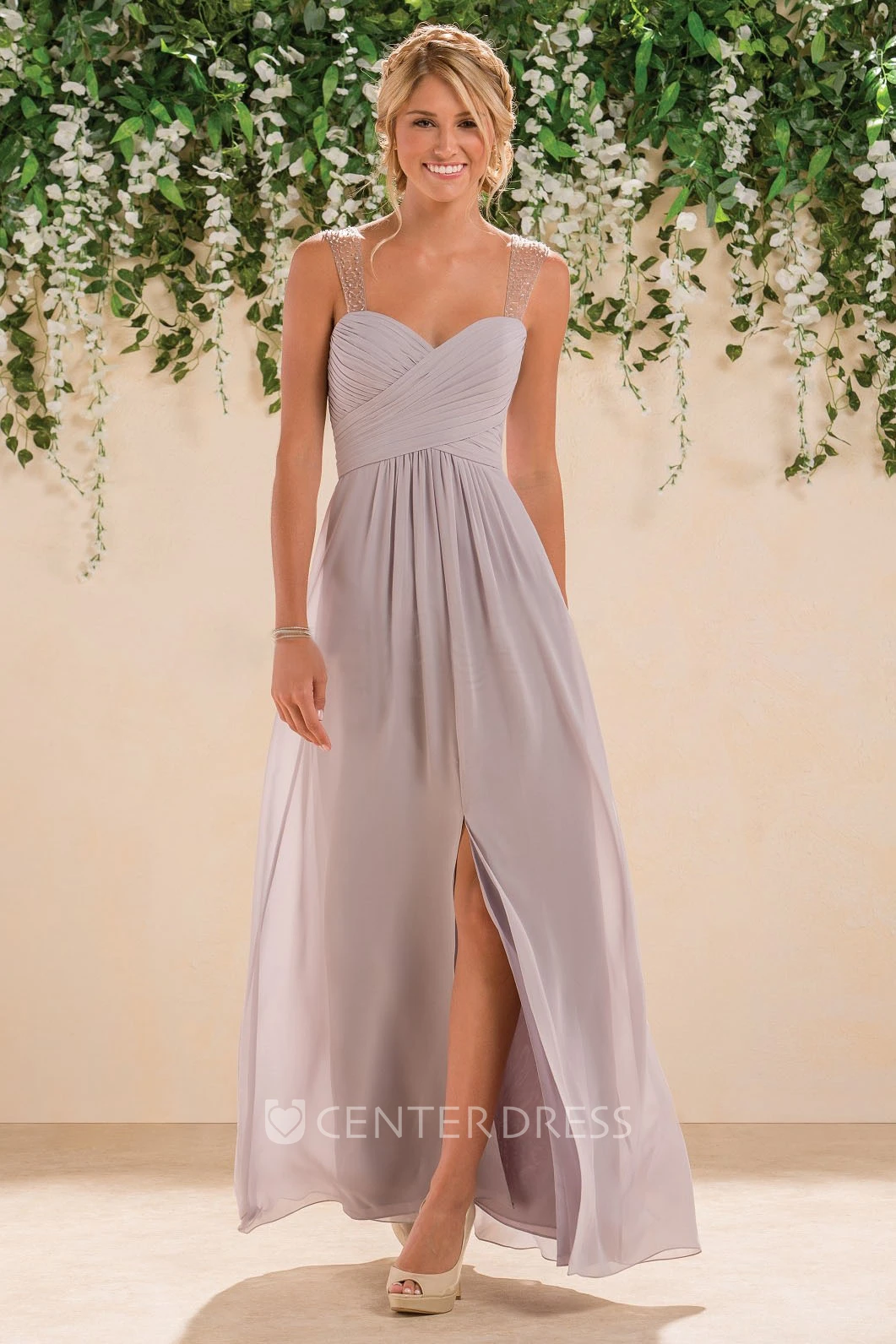 Sleeveless A-Line Bridesmaid Dress With Illusion Straps And Front Slit