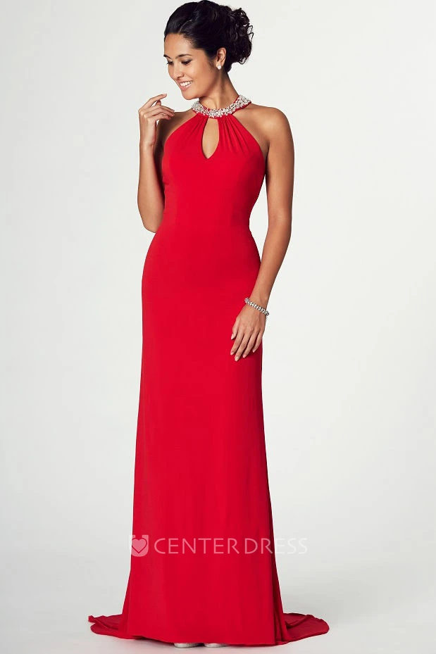High Neck Beaded Sleeveless Chiffon Prom Dress With Brush Train