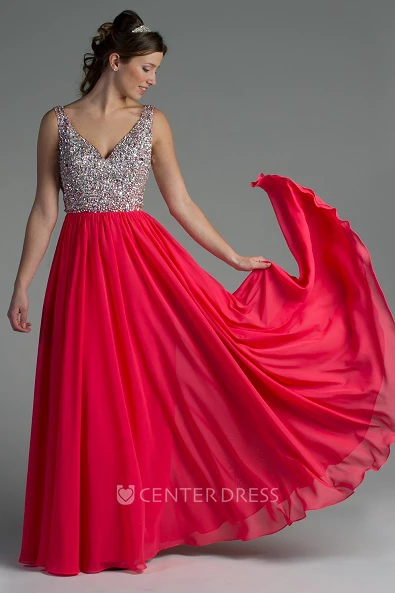 Backless V Neck Chiffon Long Bridesmaid Dress With Crystal Bodice