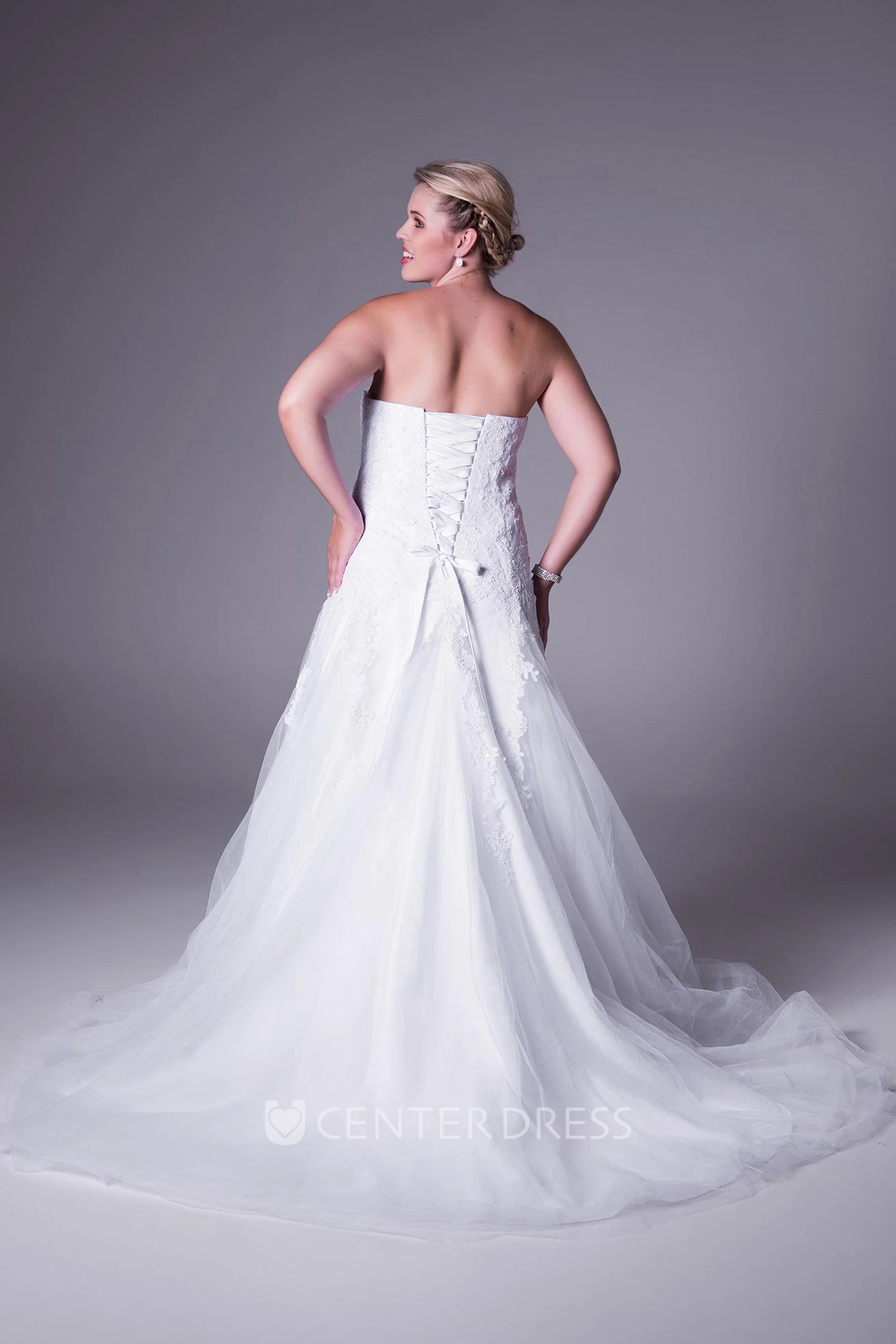 A-Line Strapless Tulle&Lace Plus Size Wedding Dress With Lace Up