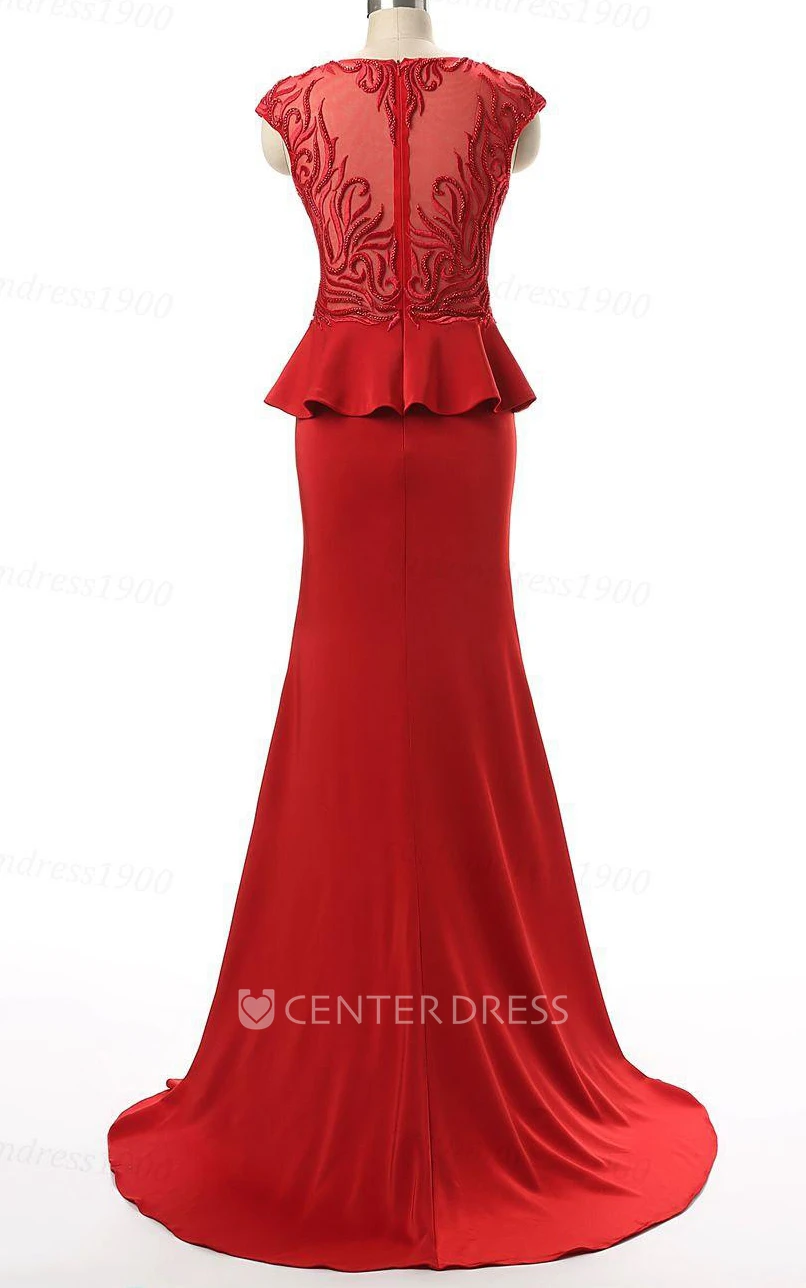 Cap Sleeve Chiffon Dress With Beading&Embroideries&Peplum